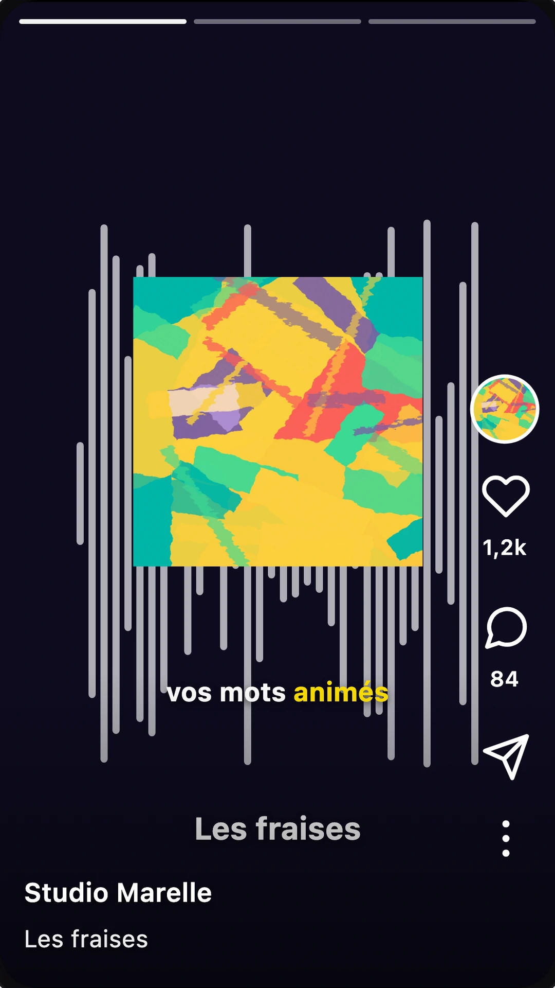 Un clip vertical sous-titré, prêt à publier : pochette, forme d’onde animée et mots incrustés.