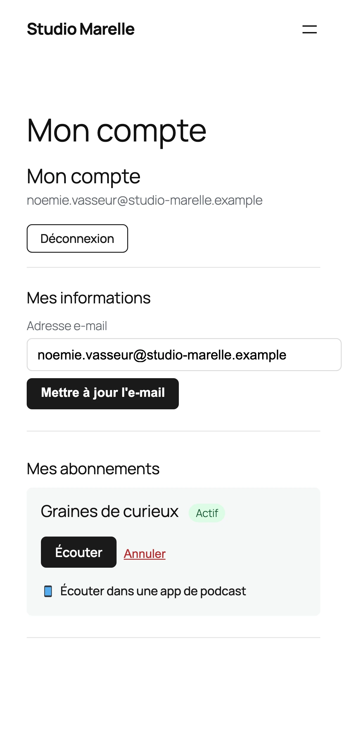 L’espace d’un abonné sur le site du podcast : ses informations, son abonnement en cours et le bouton d’écoute.