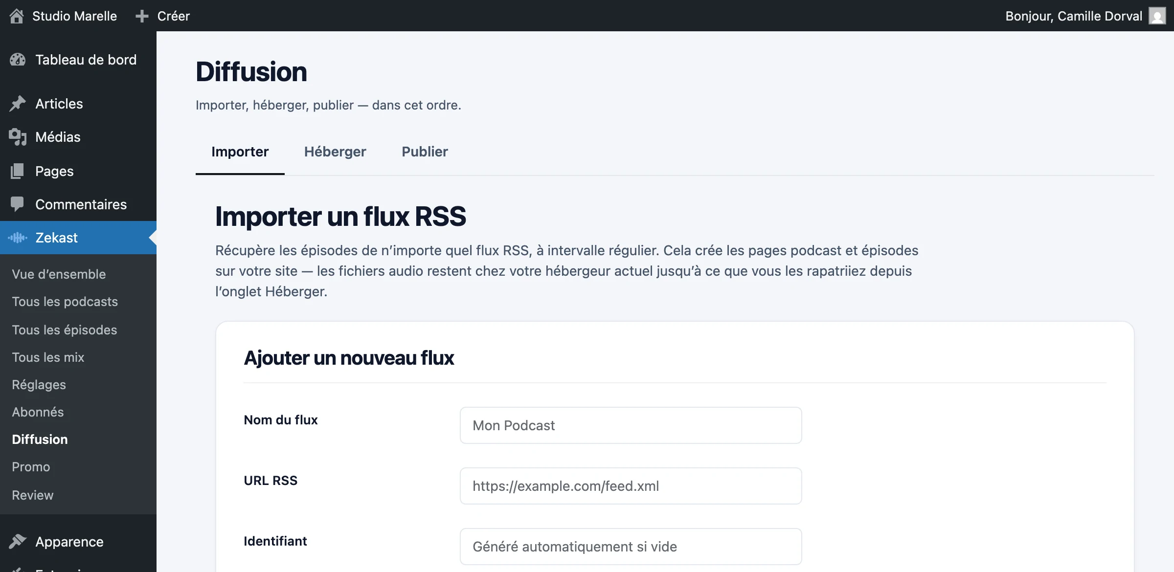 L’écran Diffusion, onglet Importer : le formulaire d’ajout d’un flux, avec son nom, son adresse RSS et son identifiant.