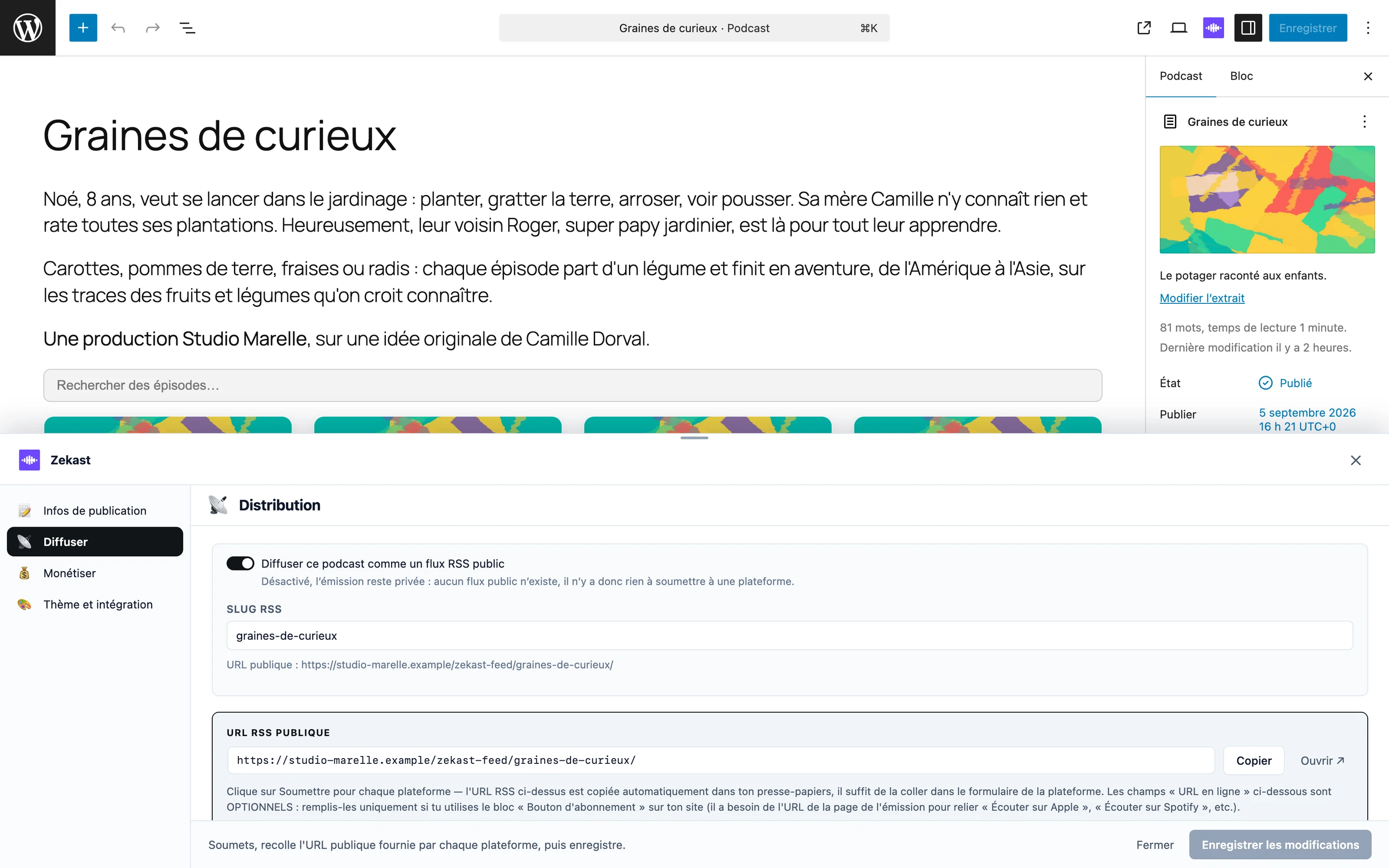 Le panneau Distribution dans l’éditeur : le slug RSS, l’URL publique du flux et son bouton de copie.