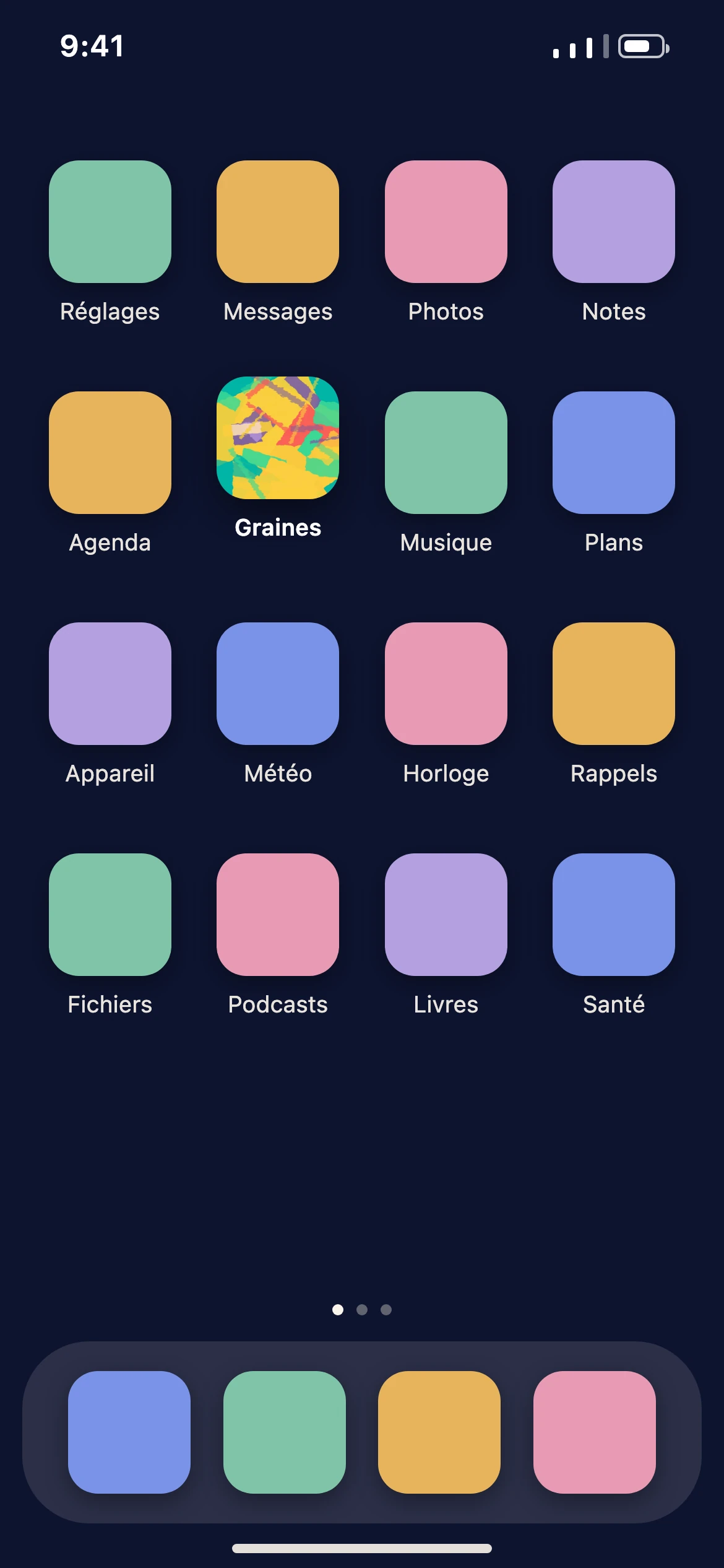 L’écran d’accueil d’un téléphone : parmi les autres applications, l’icône du podcast, avec sa pochette et son nom.