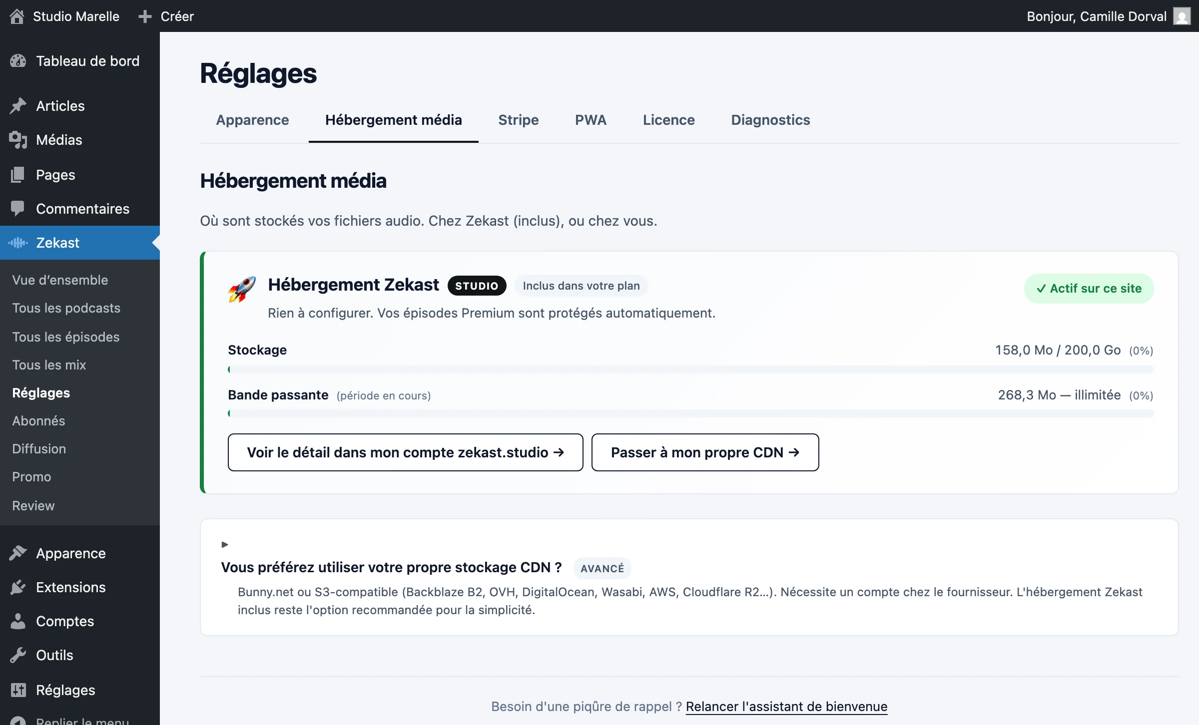 L’écran Hébergement média : stockage et bande passante consommés, et l’option d’un CDN personnel.