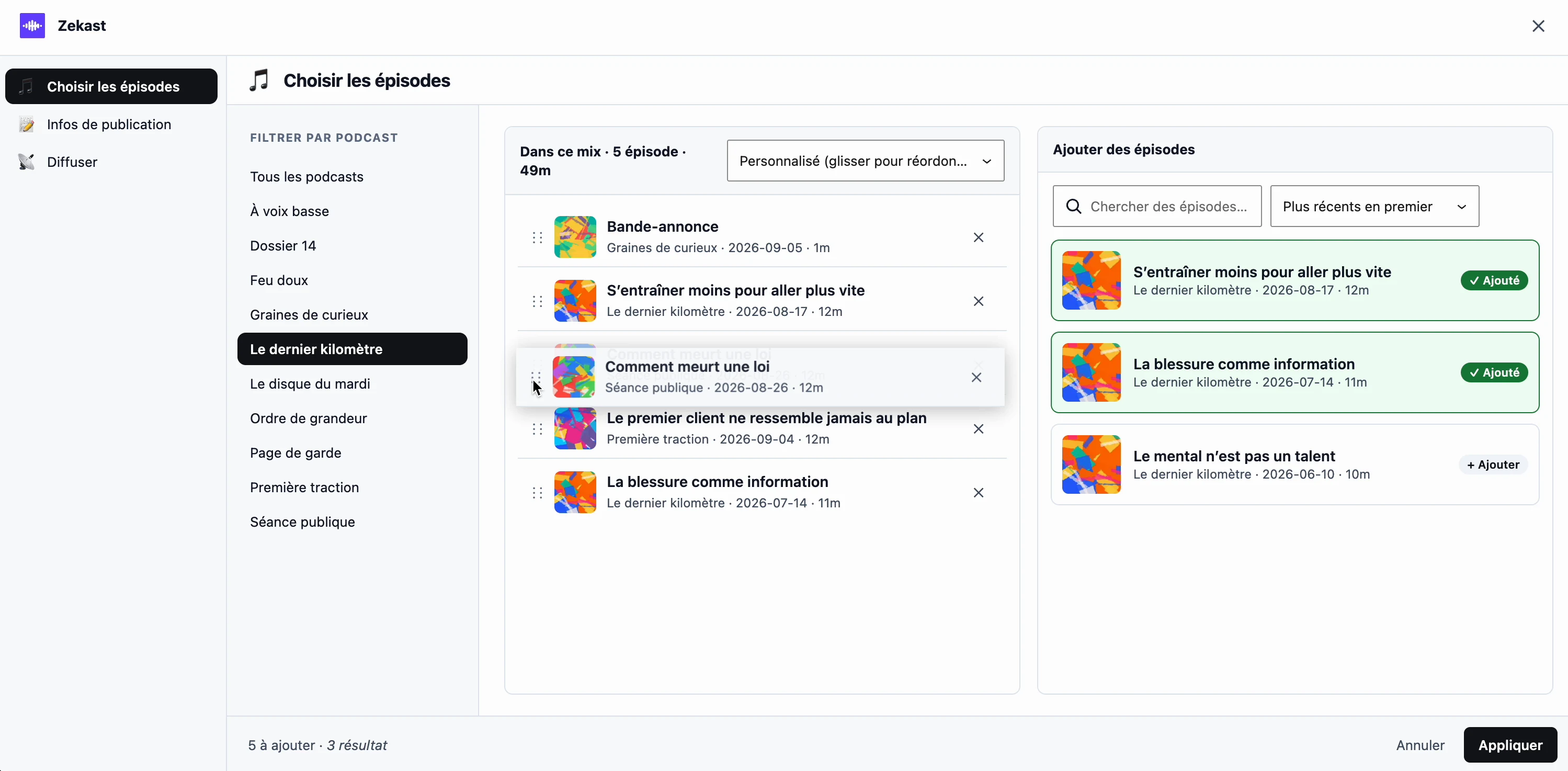 La fenêtre de composition d’un Mix : la liste des podcasts à filtrer, les épisodes déjà dans le mix en cours de réordonnancement au glisser-déposer, et les épisodes disponibles à ajouter.